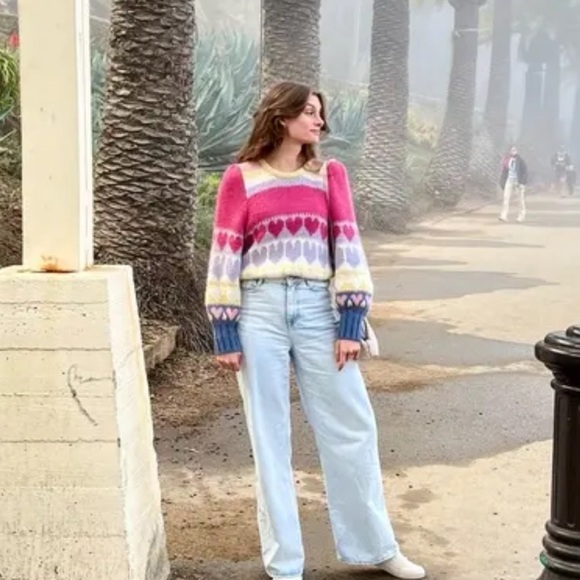 LOVESHACKFANCY Shirelle Puff Sleeve Heart Sweater Wool alpaca Romantic women L - Picture 12 of 13